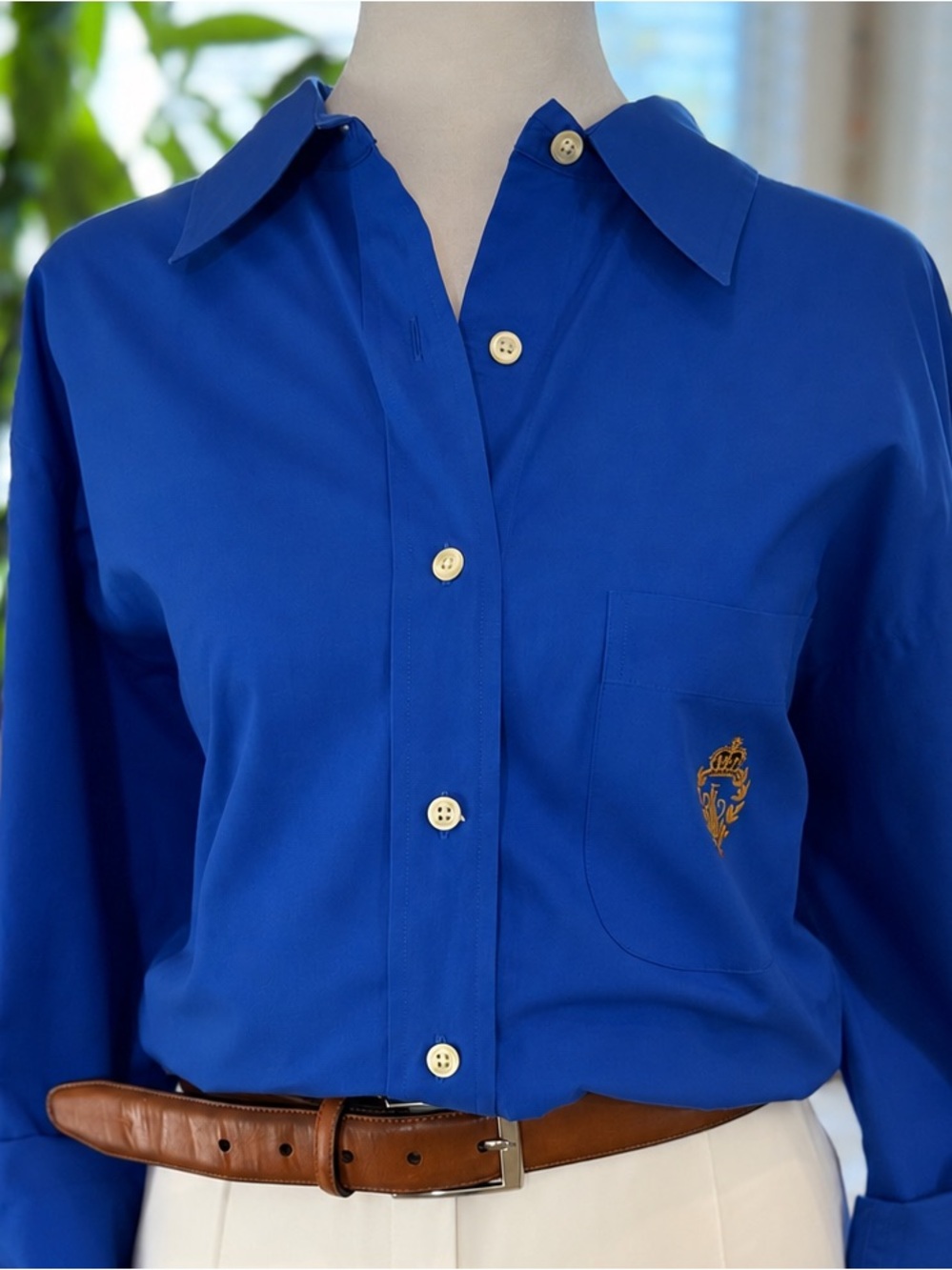 Lauren Ralph Lauren Shirt 16 Royal Blue Cotton Crest Button Down Gold Logo Plus - Picture 2 of 8